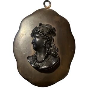Antique Victorian Gutta Percha Carved Lady Cameo Mourning Jewelry Pendent